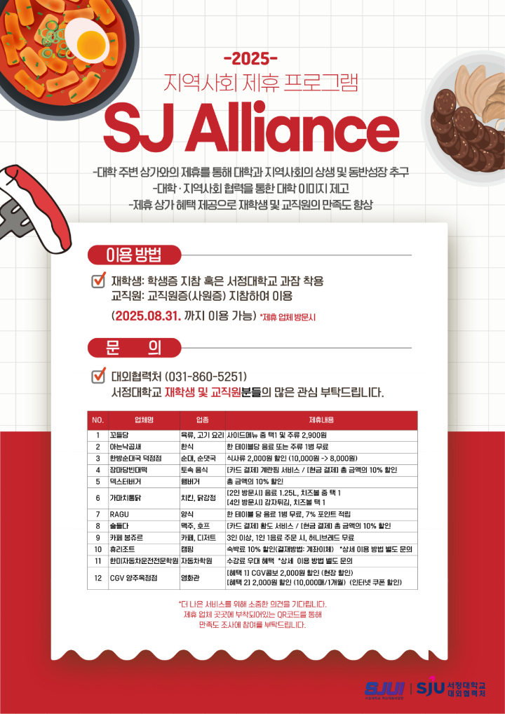 -2025- 지역사회 제휴 프로그램 SJ Alliance  -대학 주변 상가와의 제휴를 통해 대학과 지역사회의 상생 및 동반성장 추구 -대학-지역사회 협력을 통한 대학 이미지 제고 -제휴 상가 혜택 제공으로 재학생 및 교직원의 만족도 향상  이용 방법 제휴 업체 방문시, -재학생: 학생증 지참 혹은 서정대학교 과잠 착용 -교직원: 교직원증(사원증) 지참하여 이용 (2025.08.31. 까지 이용 가능) * 제휴업체 방문시  -문의: 대외협력처(031-860-5251) 서정대학교 재학생 및 교직원분들의 많은 관심 부탁드립니다.  [표] 번호: 1 / 업체명: 꼬들당 / 업종: 육류, 고기 요리 / 제휴 내용: 사이드메뉴 중 택1 및 주류 2,900원 번호: 2 / 업체명: 아는낙곱새 업종: 한식 / 제휴 내용: 한 테이블당 음료 또는 주류 1병 무료 번호: 3 / 업체명: 한방순대국 덕정점 / 업종: 순대,순댓국 / 제휴 내용: 식사류 2,000원 할인 (9,000원->2,000원) 번호: 4 / 업체명: 장마당빈대떡 / 업종: 토속음식 / 제휴 내용: [카드 결제] 계란찜 서비스, [현금 결제] 총 금액의 10% 할인 번호: 5 / 업체명: 덱스터버거 / 업종: 햄버거 / 제휴 내용: 총 금액의 10% 할인 번호: 6 / 업체명: 꿀복이찹쌀꽈배기 / 업종: 빵 / 제휴 내용: 총 금액의 10% 할인 번호: 7 / 업체명: 가마치통닭 / 업종: 치킨, 닭강정 / 제휴 내용: [2인 방문시] 음료 1.25L, 치즈볼 중 택1, [4인 방문시] 감자튀김, 치즈볼 중 택1 번호: 8 / 업체명: RAGU / 업종: 양식 / 제휴 내용: 한 테이블 당 음료 1병 무료, 7% 포인트 적립 번호: 9 / 업체명: 술들다 / 업종: 맥주, 호프 / 제휴 내용: [카드 결제] 황도 서비스, [현금 결제] 총 금액의 10% 할인 번호: 10 / 업체명: 카페 봉쥬르 / 업종: 카페, 디저트 / 제휴 내용: 3인 이상, 1인 1음료 주문 시, 허니브레드 무료 번호: 11 / 업체명: 휴리조트 / 업종: 캠핑 / 제휴 내용: 숙박료 10% 할인 (결재방법: 계좌이체) *상세 이용 방법 별도 문의 번호: 12 / 업체명: 한미자동차운전전문학원 / 업종: 자동차학원 / 제휴 내용: 수강료 우대 혜택 *상세 이용 방법 별도 문의 번호: 13 / 업체명: CGV 양주옥정 / 업종: 영화관 / 제휴 내용: [혜택1] CGV콤보 2,000원 할인(현장 할인) [혜택2] 2,000원 할인 (10,000매/1개월) (인터넷 쿠폰 할인)  *더 나은 서비스를 위해 소중한 의견을 기다립니다. 제휴 업체 곳곳에 부착되어있는 QR코드를 통해 만족도 조사에 참여를 부탁드립니다.  주최 서정대학교 혁신지원사업단 주관 서정대학교 대외협력처