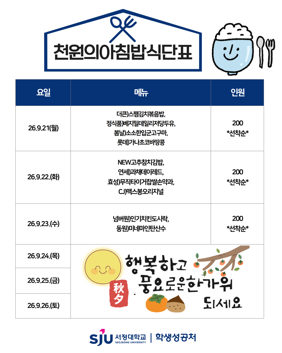 9.21(월) 더큰)스팸김치볶음밥 정식품)베지밀데일리저당두유 봄날)소소한입군고구마 롯데)가나초코바땅콩<br><br>9.22(화)<br>NEW고추참치김밥 연세)과채데이레드 효성)무직타이거찹쌀손약과 CJ)맥스봉오리지널<br><br>9.23(수) 넘버원)인기치킨도시락 동원)미네마인탄산수