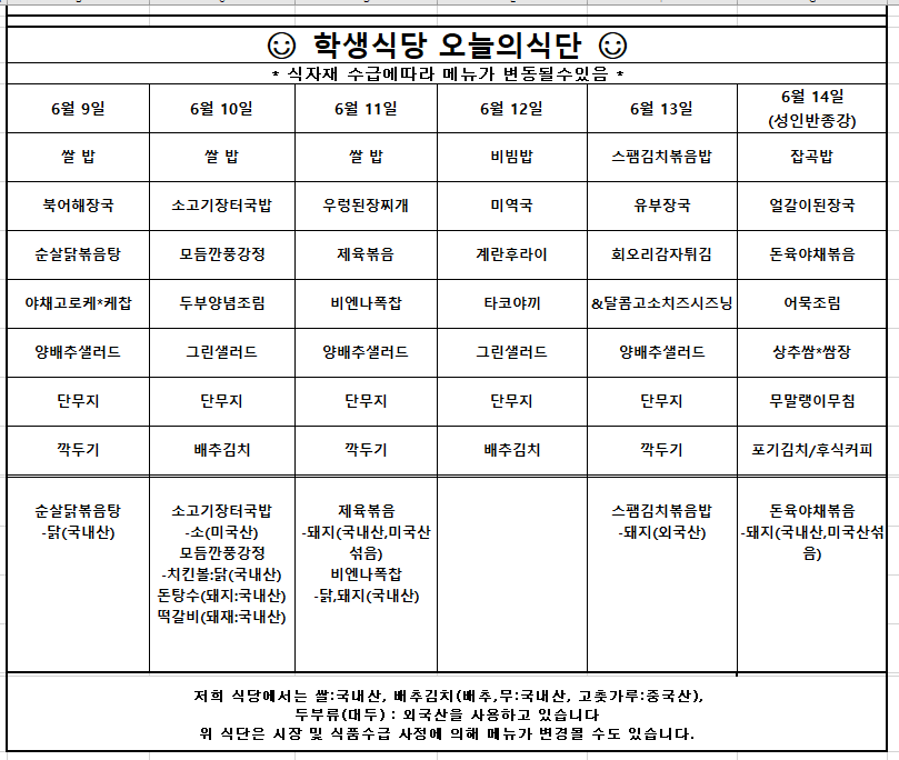 6월9일(월) 쌀 밥 북어해장국 순살닭볶음탕 야채고로케*케찹 양배추샐러드 단무지 깍두기  원산지는 순살닭볶음탕-닭(국내산)입니다.  6월10일(화) 쌀 밥 소고기장터국밥 모듬깐풍강정 두부양념조림 그린샐러드 단무지 배추김치  원산지는 소고기장터국밥-소(미국산) 모듬깐풍강정-치킨볼:닭(국내산), 돈탕수:돼지(국내산), 떡갈비(돼지:국내산)입니다.  6월11일(수) 쌀 밥 우렁된장찌개 제육볶음 비엔나폭찹 양배추샐러드 단무지 깍두기  원산지는 제육볶음-돼지(국내산,미국산)섞음 비엔나폭찹-닭,돼지(국내산)입니다.  6월13일(목) 스팸김치볶음밥-스팸:돼지(외국산)입니다.