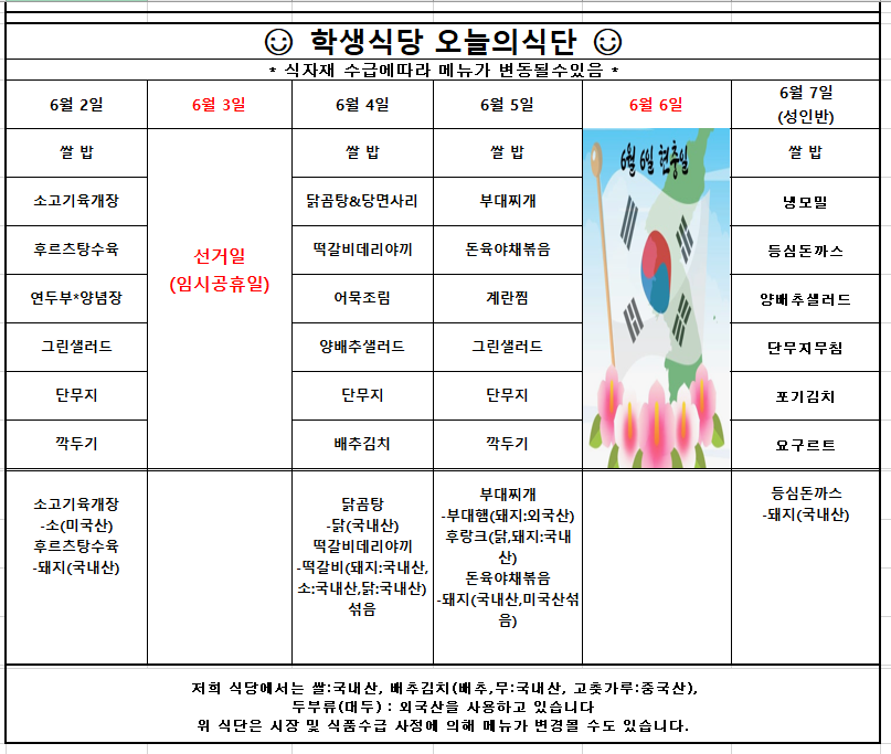 6월2일(월) 쌀 밥 소고기육개장 후르츠탕수육 연두부*양념장 그린샐러드 단무지 깍두기  원산지는 소고기육개장-소(미국산), 후르츠탕수육-돼지(국내산)입니다.  6월4일(수)쌀 밥 닭곰탕&당면사리 떡갈비데리야끼 어묵조림 양배추샐러드 단무지 배추김치  원산지는 닭곰탕-닭(국내산), 떡갈비데리야끼-돼지(국내산),소(국내산),닭(국내산)섞음입니다.  6월5일(목) 쌀 밥 부대찌개 돈육야채볶음 계란찜 그린샐러드 단무지 깍두기  원산지는 부대찌개-부대햄(돼지:외국산), 후랑크(닭,돼지:국내산), 돈육야채볶음-돼지(국내산,미국산)섞음 입니다.