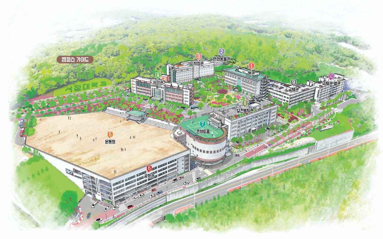 동쪽으로 들어오면 좌측에 공학관이 있고 직진하면 콘서트홀, 보건복지관, 국제관, 국제관 별관이 차례로 있습니다. 국제관과 보건복지관 사이의 길로 들어가면 우측에 본관이 있고 정면에 서정관이 있습니다. 본관과 서정관 사이길로 들어가면 반려동물관이 있습니다. 서정관의 좌측에는 서강관이 있고 서강관과 보건복지관 사이길로 들어가면 운동장이 보입니다.