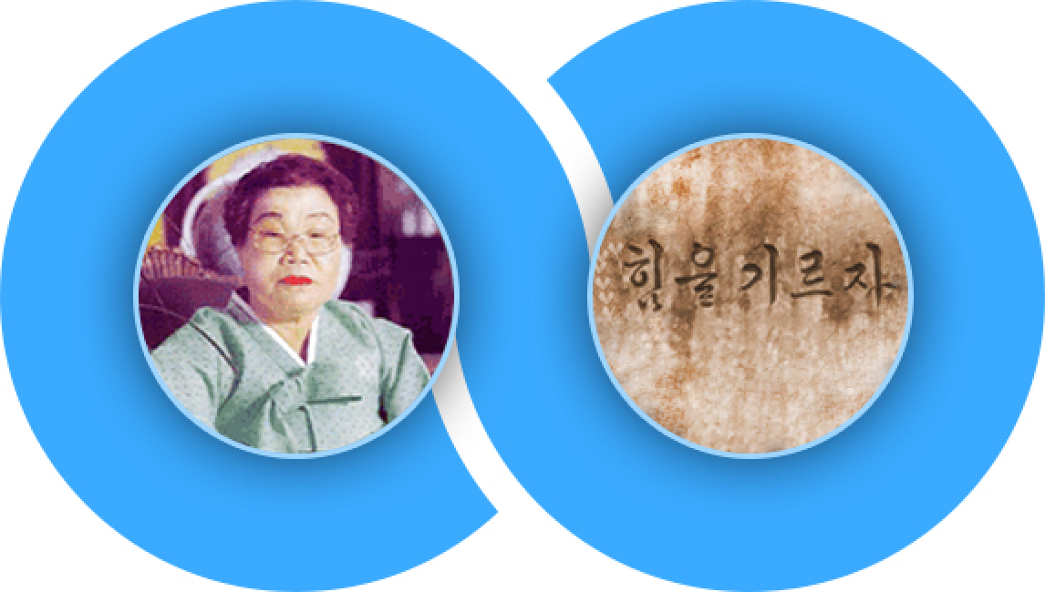 '힘을 기르자' 라고 적힌 오래 된 천과 설립 총장님의 얼굴 사진